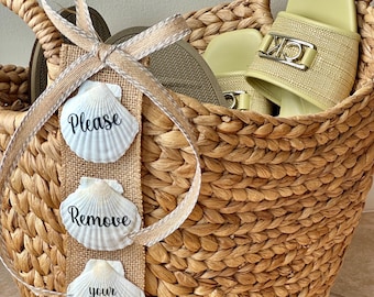 Seashell 'Please Remove Shoes' Sign: Coastal Burlap Door Hanger