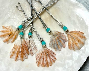 Set of 6 Seashell Bobby Pins, Turquoise Silver Beach Wedding Hair Accessory