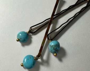 Turquoise nugget Bobby Pins:  dangling Turquoise, Agate, Beach Pearl Hair Accessories (Set of 8)