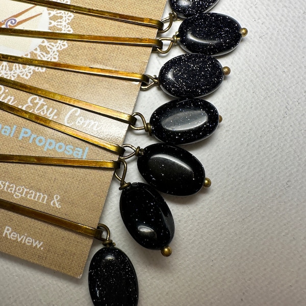 Set of 8 Oval Blue Sand Stone dangling bobby pin, Oval Black sparkling stone hair pins, Black genuine stone Bobby pins