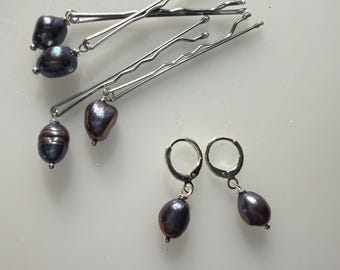 Freshwater Pearl Bobby Pins and Earrings Set: Bridal Hair Accessories, Gold Filled