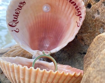 Caja para anillos de compromiso con forma de concha, soporte para anillos de compromiso con forma de concha, caja para anillos de boda en la playa, caja de concha única, ¿Quieres casarte conmigo con forma de concha? (en español)
