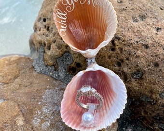 Seashell Ring Box: Beach Proposal, Wedding, Engagement – Handmade Calico Heart Shell