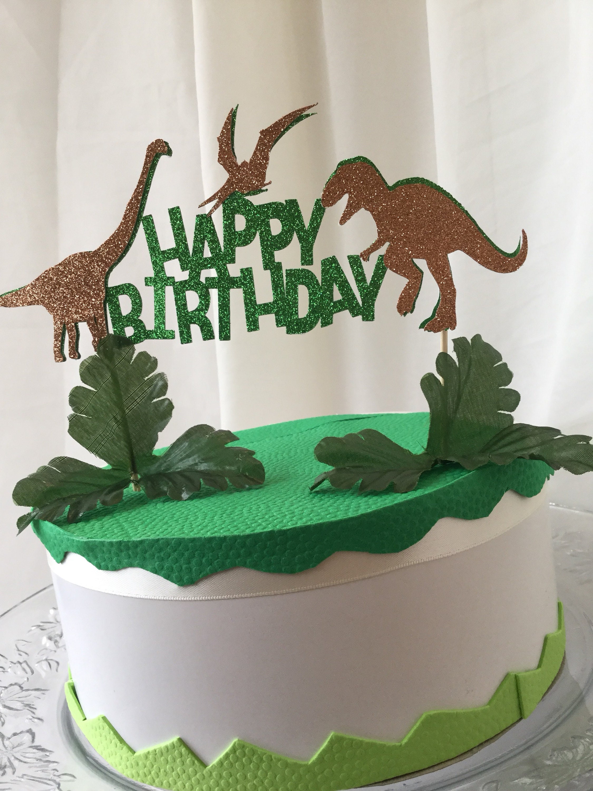 Topper Torta Compleanno Dinosauro Verde E Foglie, 4 Pezzi, Regalo