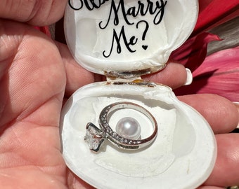 Seashell Ring Holder, Beach Proposal, "Will You Marry Me?" Message, Handmade Pearl Accent