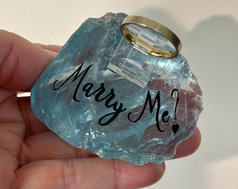 Beach Glass Proposal Ring Holder: Teal Recycled Glass, "Marry Me"