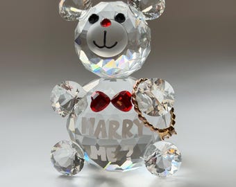 Crystal Teddy Bear Ring Holder, Marry Me Proposal Keepsake, Faceted Glass Bear