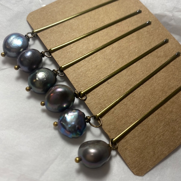 Set of 8 Genuine Peacock Freshwater Pearl Nugget Pearls  bronze Bobby pins, white or black nugget freshwater pearl dangling Bobby pins