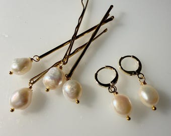 Freshwater Pearl Bobby Pins and Earrings Set: Bridal Hair Accessories, Gold Filled