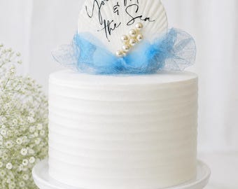 You me & the Sea wedding cake topper,white large seashell pearl topper,Engagement cake decor,Beach wedding cake decor,white shell blue tulle