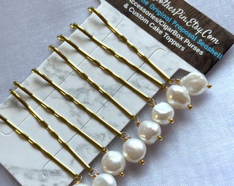 Set of 8 Genuine Peacock Freshwater Pearl Nugget Pearls  bronze Bobby pins, white or black nugget freshwater pearl dangling Bobby pins
