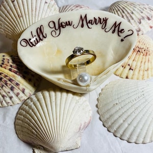 May include: A gold ring with a large, clear gemstone sits in a seashell, with the words "Will You Marry Me?" written in dark red script. The ring is displayed on a clear stand, with a pearl below. Seashells surround the main shell.