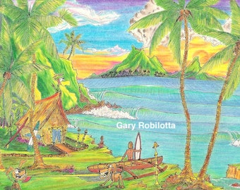 Surfing art, surfing, surf, surfing cartoons, matted art, Hawaii, tropical, funny, islands, surfboards,