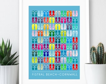 Flip Flops – Fistral Beach Poster / A3 Print / Cornwall / Travel Poster / Surf Print / Surf Poster