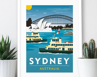 May include: A colorful illustration of the Sydney Opera House and Harbour Bridge with ferries in the water. The text "SYDNEY AUSTRALIA" is at the bottom of the image.