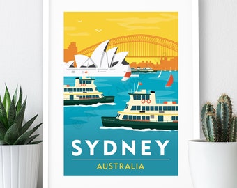 Sydney, Australia Travel Poster, Harbour Ferries Sunset: Art Print (A4 or A3)