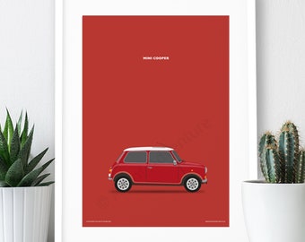 Puede incluir: Una ilustración minimalista de un Mini Cooper rojo con techo blanco sobre un fondo rojo. El texto "MINI COOPER" está impreso en blanco en la parte superior de la imagen.