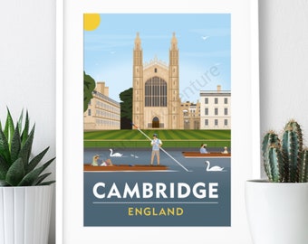 May include: A colorful illustration of the King's College Chapel in Cambridge, England. The chapel is a large, gothic building with two tall towers. There are people in boats on a river in front of the chapel. The text "CAMBRIDGE ENGLAND" is at the bottom of the image.