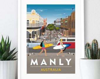 Manly Beach, Australia Travel Poster, Manly Corso: Art Print (A4 or A3)