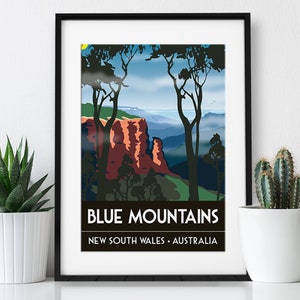 Póster de viaje vintage de las Montañas Azules de Australia: Lámina artística (tamaño A4 o A3)