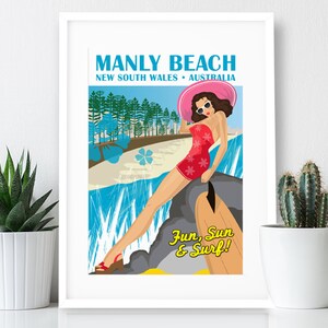 Surfer Girl In Hat – Manly Beach Poster / A3 Print / Australia / Travel Poster / Vintage Print