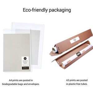 May include: Two different ways to package prints. A4 prints are shipped in biodegradable bags and envelopes. A3 prints are shipped in plastic-free tubes.