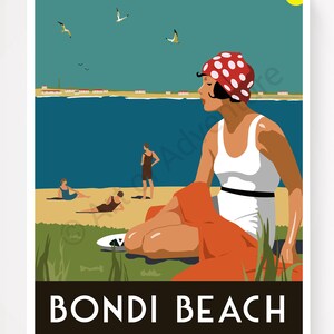 May include: A vintage travel poster for Bondi Beach in New South Wales, Australia. The poster features a woman in a red and white polka dot bathing cap and a white swimsuit sitting on a red blanket on the beach. The ocean is blue and there are seagulls flying in the sky. The text "Bondi Beach" and "New South Wales, Australia" is printed in black at the bottom of the poster.