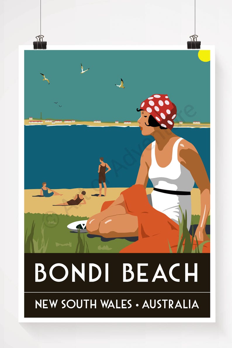 May include: A vintage travel poster for Bondi Beach in New South Wales, Australia. The poster features a woman in a red and white polka dot bathing cap and a white swimsuit sitting on a red blanket on the beach. The ocean is blue and there are seagulls flying in the sky. The text "Bondi Beach" and "New South Wales, Australia" is printed in black at the bottom of the poster.