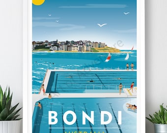Bondi Beach, Sydney, Australia Travel Poster, Icebergs: Art Print (A2, A1 or A0)