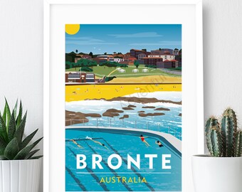 Sydney, Australia Travel Poster, Bronte Beach: Art Print (A4 or A3)