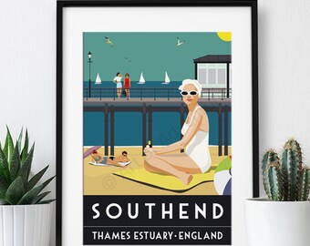 Southend-on-Sea, Essex Vintage Travel Poster, Art Deco Style: Art Print (A4 or A3)