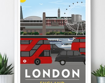 May include: A colorful illustration of the London skyline featuring the London Eye, red double-decker buses, and black taxis. The text "LONDON ENGLAND" is at the bottom of the image.