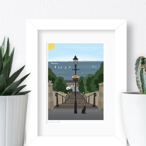 May include: A colourful illustration of a set of steps leading up to a lamppost with a flower pot on top. The steps are made of stone and have a black railing. The lamppost is black and has a white light. The background is a blue sky with a yellow sun and a view of a body of water with boats. A black cat sits at the bottom of the steps.