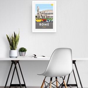 May include: A framed illustration of the Colosseum in Rome, Italy, with a blue sky and a yellow sun.  The illustration features a yellow car, a red car, and two blue scooters driving in front of the Colosseum.