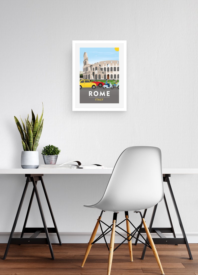 May include: A framed illustration of the Colosseum in Rome, Italy, with a blue sky and a yellow sun.  The illustration features a yellow car, a red car, and two blue scooters driving in front of the Colosseum.