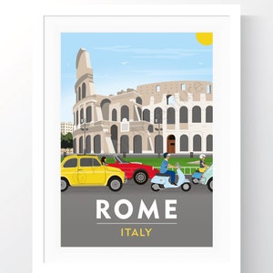 May include: A colorful illustration of the Colosseum in Rome, Italy. The illustration features a yellow car, a red car, and two blue scooters. The text "ROME ITALY" is displayed below the image.