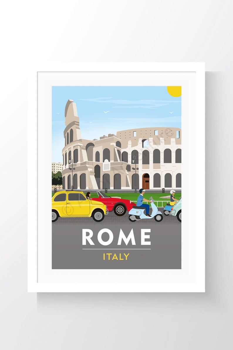 May include: A colorful illustration of the Colosseum in Rome, Italy. The illustration features a yellow car, a red car, and two blue scooters. The text "ROME ITALY" is displayed below the image.
