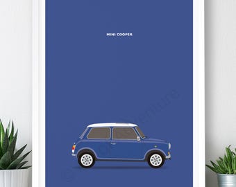Puede incluir: Una impresión enmarcada que presenta un coche Mini Cooper azul con techo blanco sobre un fondo azul liso. Las palabras "MINI COOPER" están impresas en blanco en la parte superior. El coche está representado en un estilo minimalista, con ruedas blancas y detalles en azul claro.
