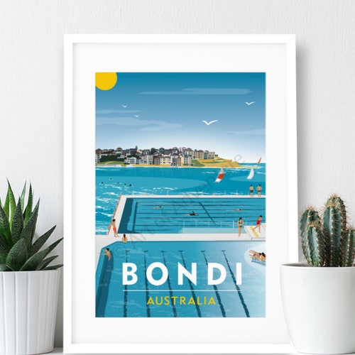 Bondi Beach, Sydney, Australia Travel Poster, Icebergs: Art Print (A4 or A3)