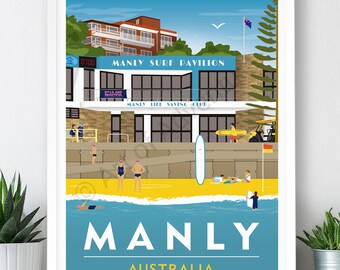 Manly Beach, Australia Travel Poster, Manly  Pavilion: Art Print (A2, A1 or A0)