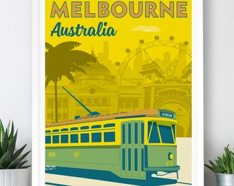 Plakat podróżniczy do Melbourne w Australii, montaż z Melbourne: wydruk artystyczny (A2, A1 lub A0)