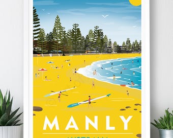 Manly Beach, Australia Travel Poster: Art Print (A2, A1 or A0)