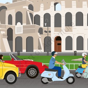 May include: A colorful illustration of the Colosseum in Rome, Italy.  A red convertible car, a yellow car, and two blue scooters are driving on a street in front of the Colosseum. The text "ROME" is written in white letters on a gray background.