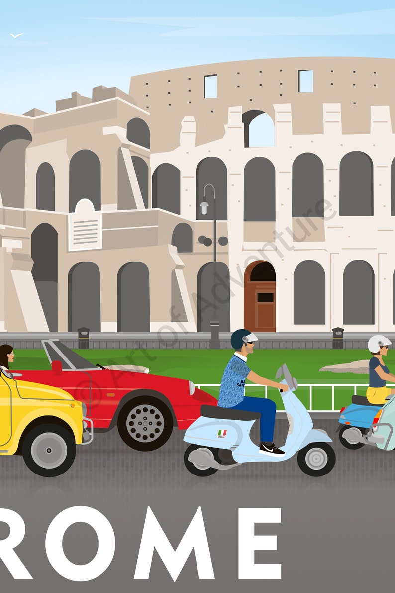 May include: A colorful illustration of the Colosseum in Rome, Italy.  A red convertible car, a yellow car, and two blue scooters are driving on a street in front of the Colosseum. The text "ROME" is written in white letters on a gray background.