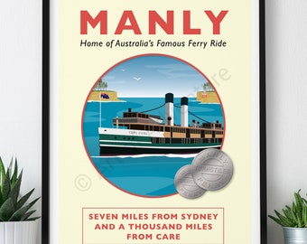 Old Manly Ferry – Large Poster / A2, A1, A0 Print / Australia / Sydney / Travel Poster / Vintage Print