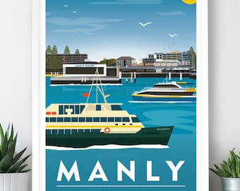Manly Beach, Sydney, Australia Travel Poster, Manly Wharf: Art Print (A2, A1 or A0)