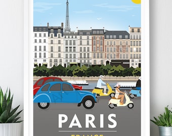 Puede incluir: Una ilustración colorida de un paisaje urbano parisino con la Torre Eiffel en el fondo. La escena presenta un coche azul, scooters amarillos y blancos y personas conduciendo por la ciudad. El texto "PARÍS FRANCIA" está en la parte inferior de la imagen.