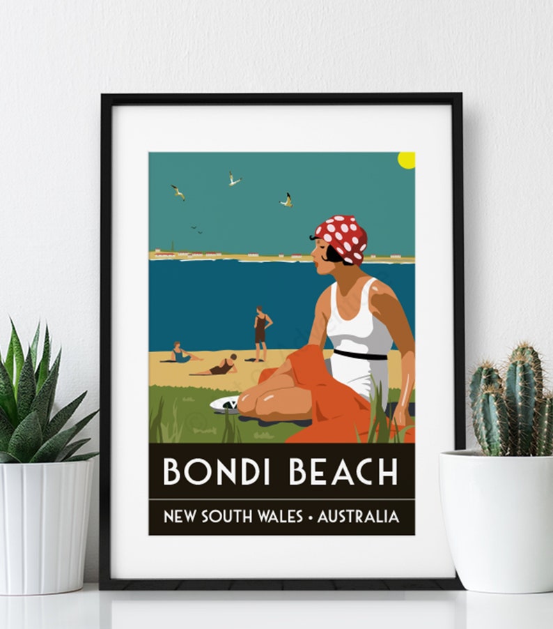 May include: A vintage travel poster featuring a woman in a red and white polka dot swimsuit and a red hat sitting on a beach with a blue ocean and a yellow sun in the background. The text on the poster reads "Bondi Beach, New South Wales, Australia."