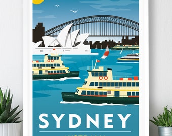 Sydney, Australia Travel Poster, Harbour Ferries: Art Print (A2, A1 or A0)