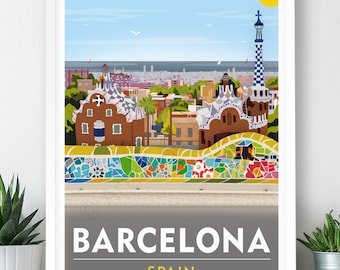 May include: A colorful illustration of the iconic Park Güell in Barcelona, Spain. The image features a mosaic bench, a view of the city, and the text "BARCELONA SPAIN".
